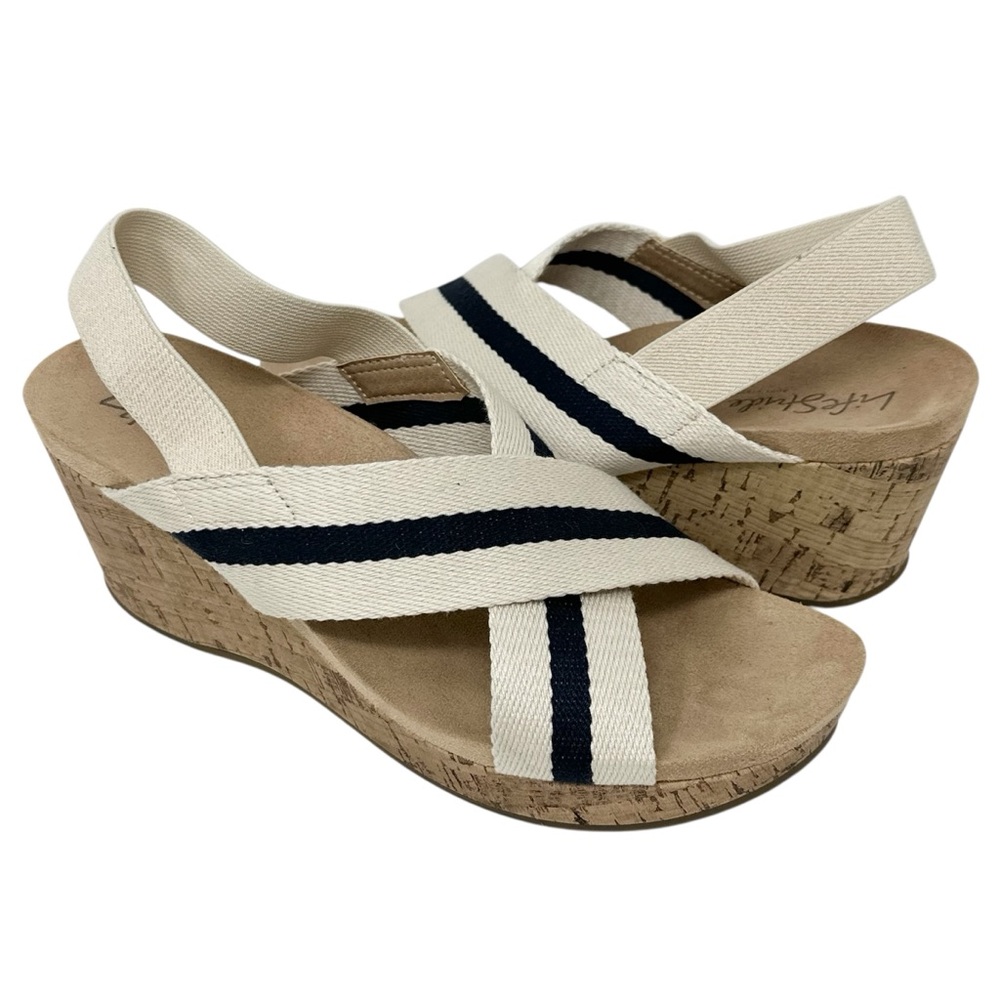LifeStride Dream Big Women's Strappy Wedge Sandals Almond Navy Blue Size 8